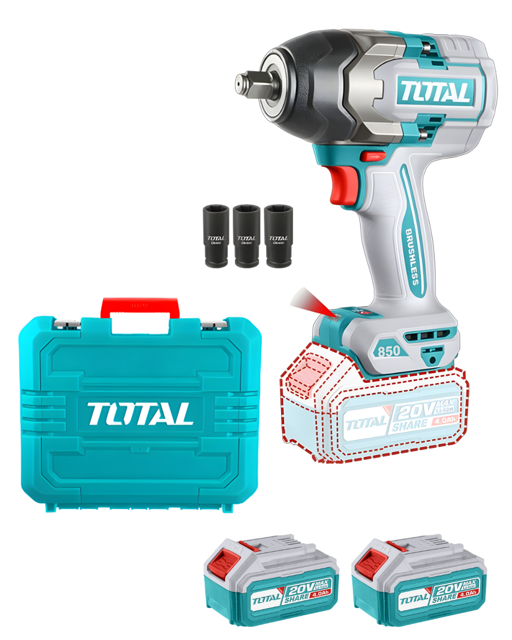 Pistola Impacto 1/2" 20V 850Nm Brushless Total + 2 Baterías + Cargador UTIWLI2085