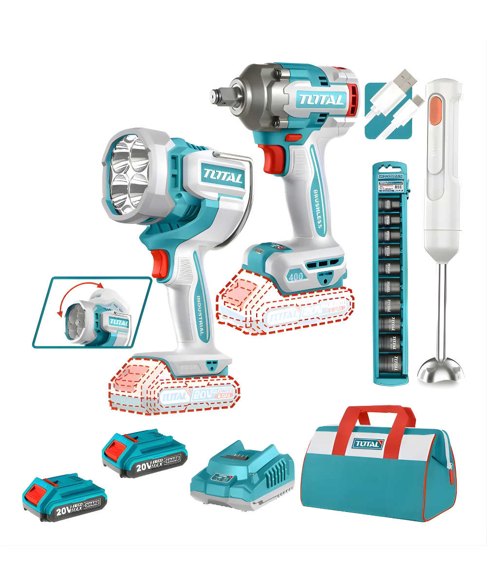 Llave Impacto TOTAL 20V 400Nm 2 Baterías Inalámbrica + Acc + Bolso Total Turquesa
