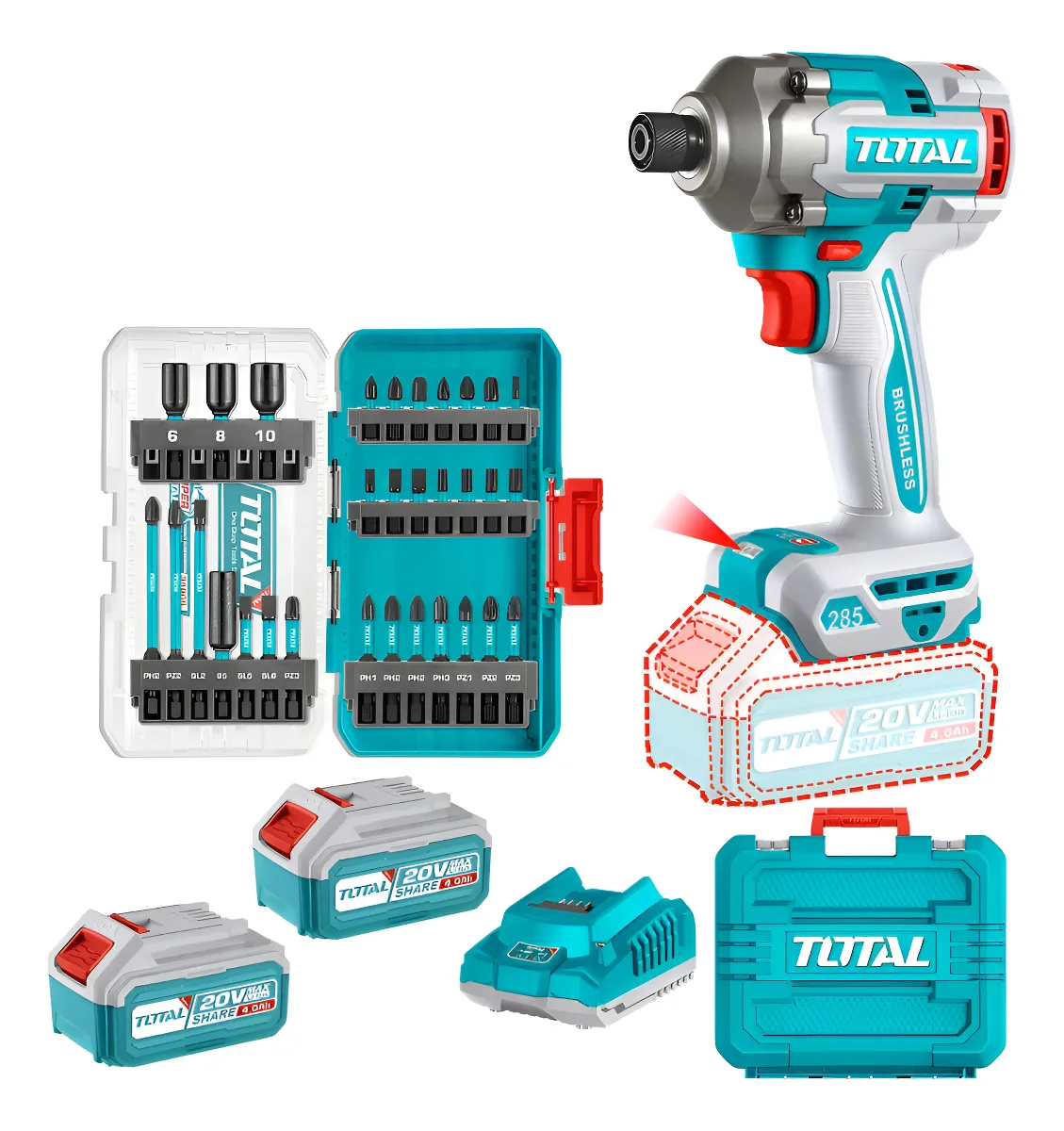 Atornillador De Impacto Industrial 285nm 20v Total + 31 Pzs Turquesa 50 Hz/60 Hz