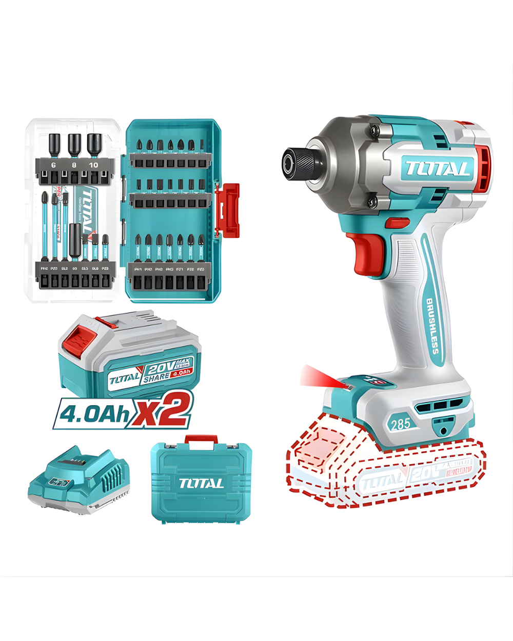 Atornillador Impacto 1/4" 20V 285Nm Total + 2 Baterías 4.0Ah + 31 Pzs UTOSLI240966