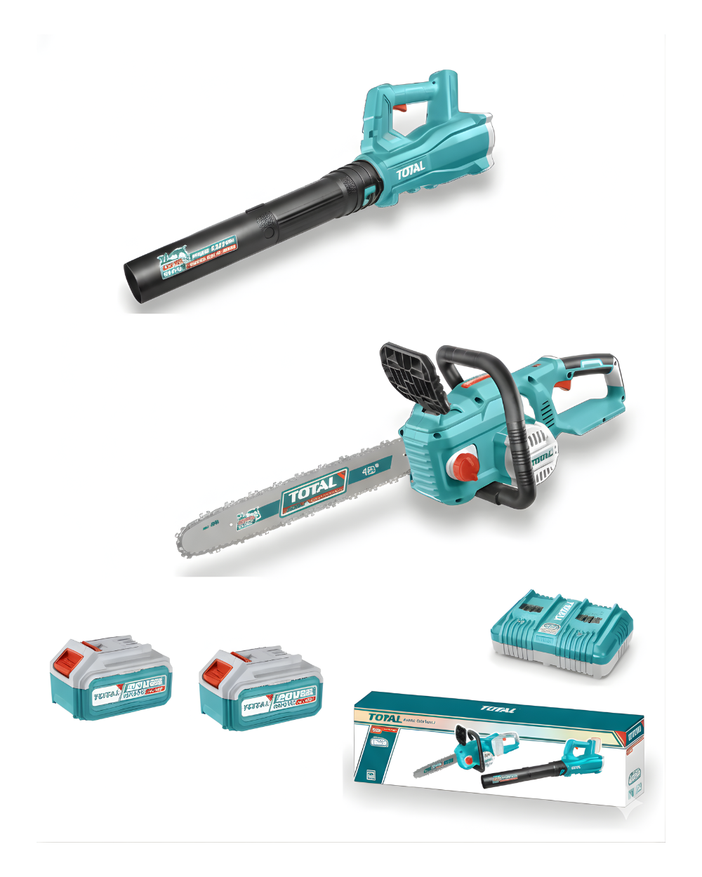 Combo Motosierra 16” y Sopladora 20V Total + 2 baterias 5 ah y cargador doble