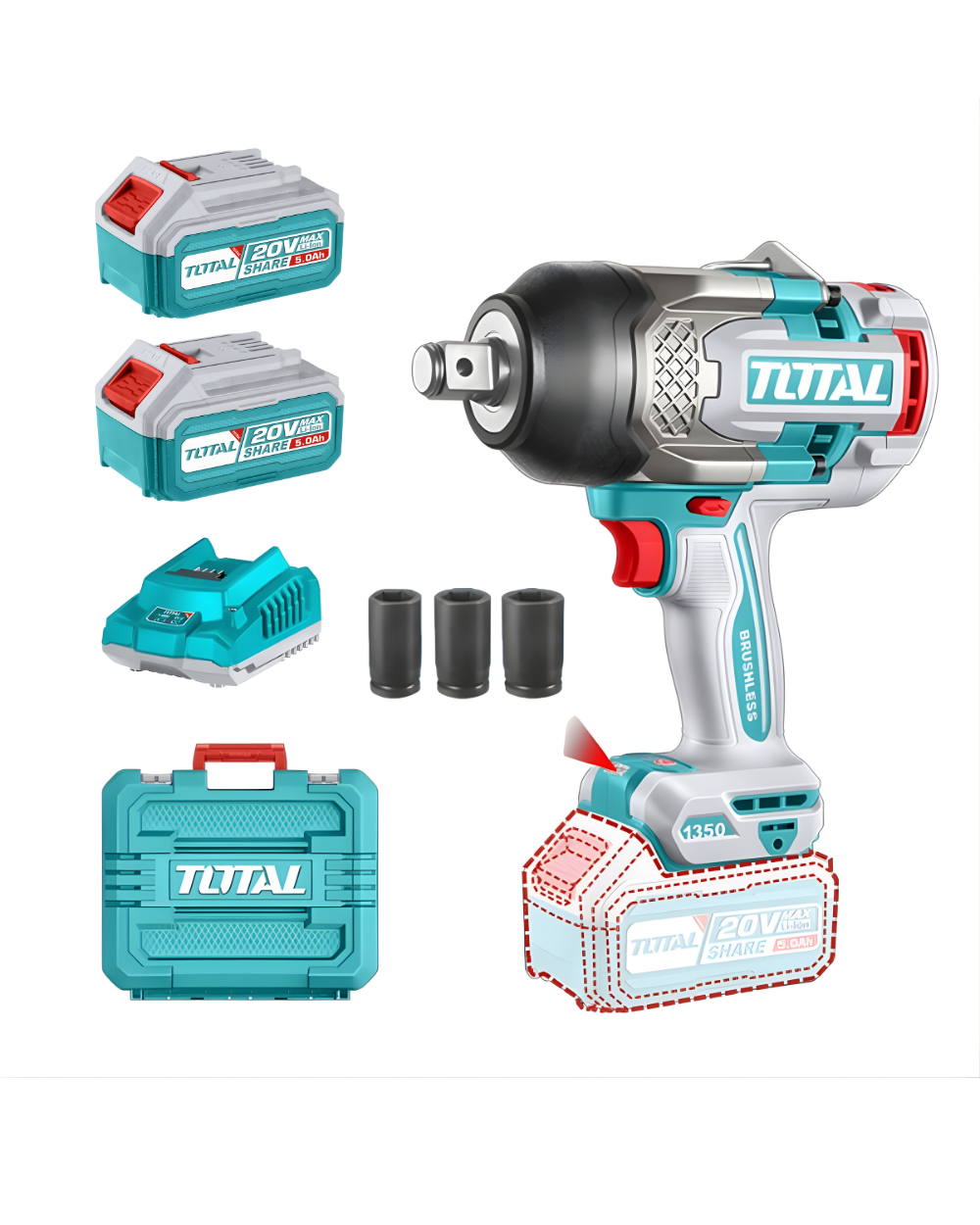 Pistola Impacto 3/4" 20V 1350Nm Total + 2 Baterías 5.0Ah UTIWLI20135
