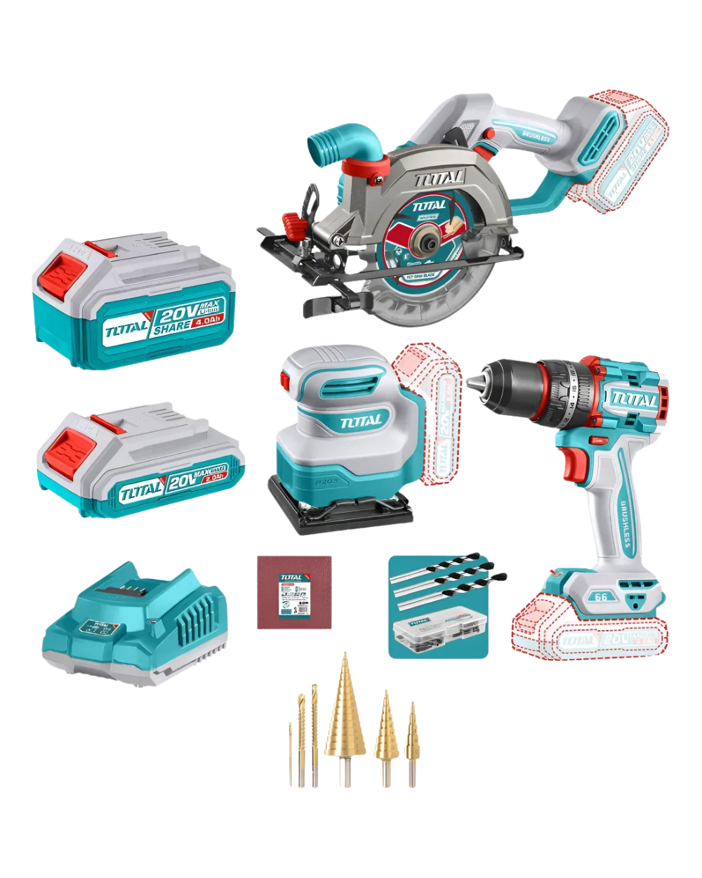 Combo Inalámbrico Industrial 20v Taladro, Sierra Y Lijadora Total