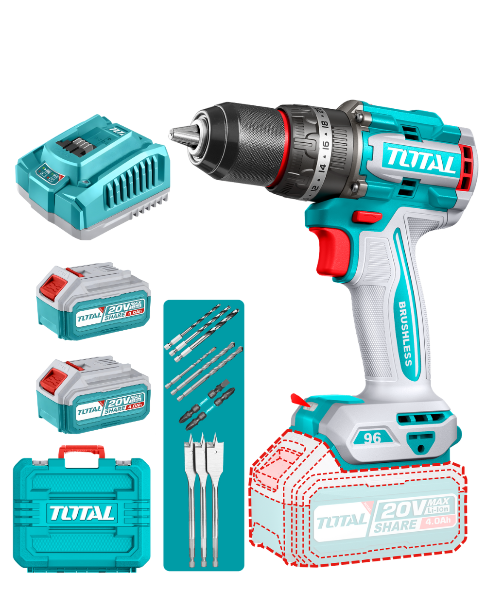 Taladro Inalámbrico Percutor TOTAL TOOLS 20V 96Nm 1/2” Industrial Incluye Bat Y Car Industrial Total