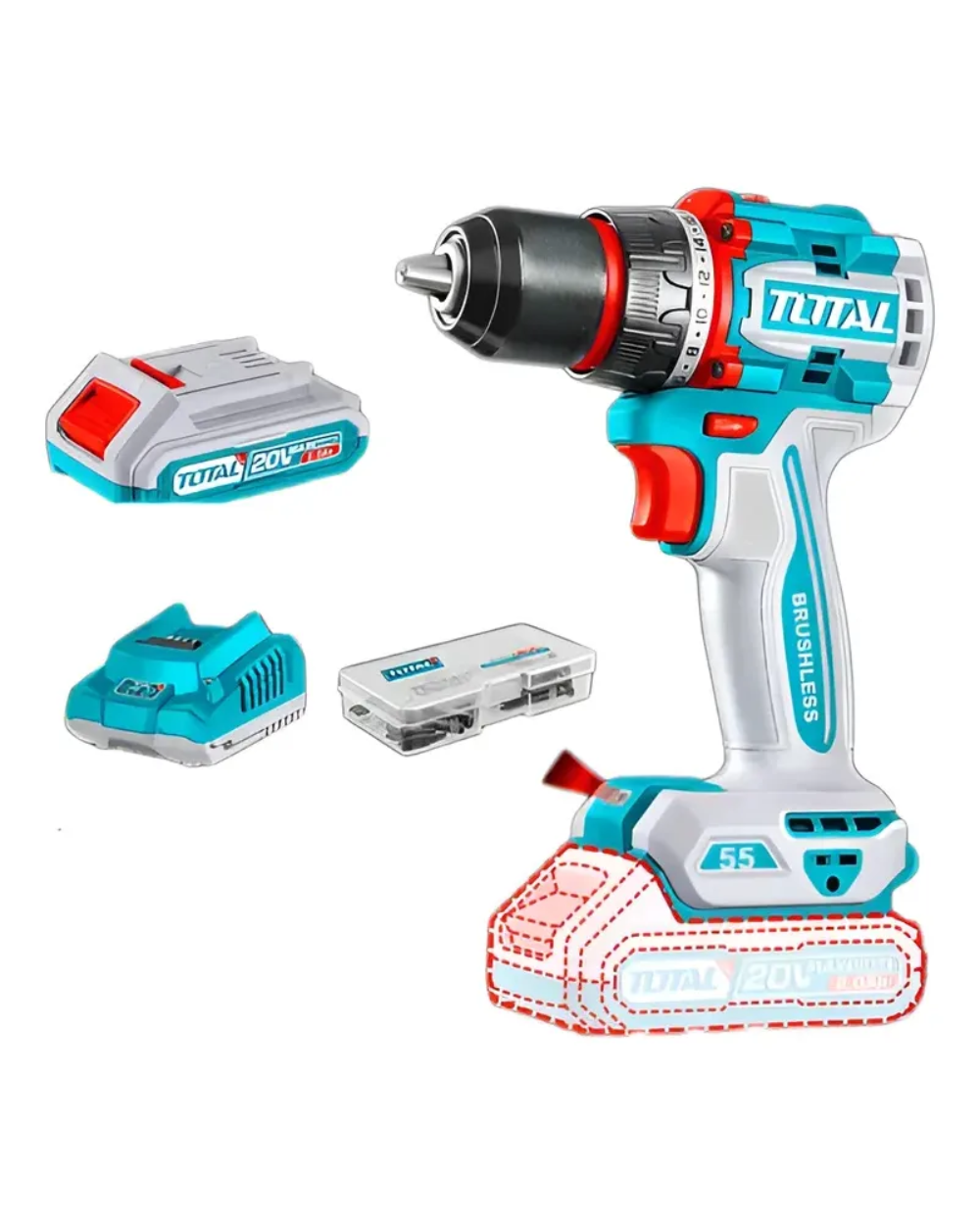 Taladro Atornillador 1/2" 20V 55Nm Total + Batería 2.0Ah + Cargador UTDLI205582