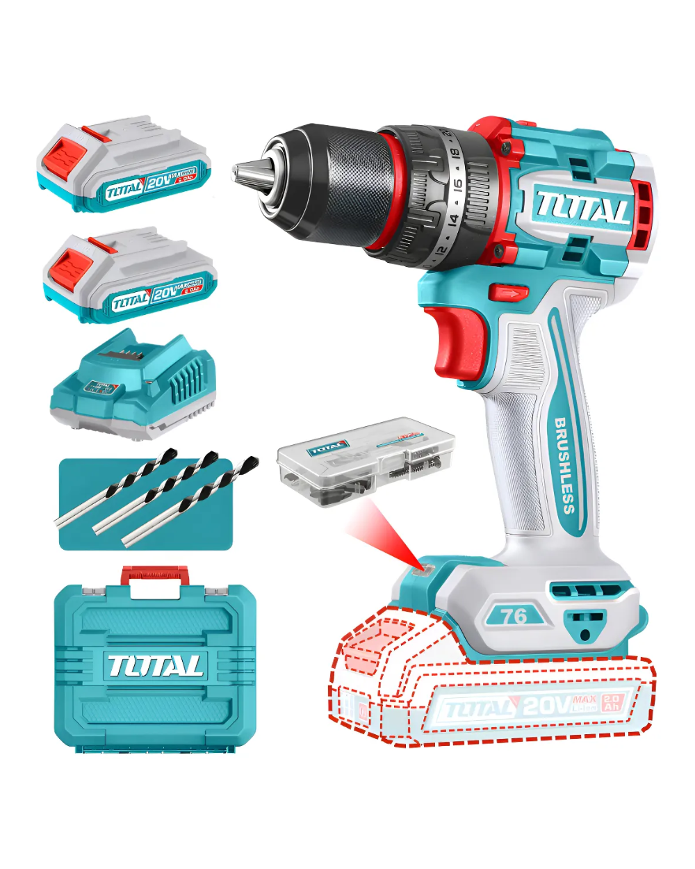 Taladro Percutor 76nm + 2 Bat + Carg+47 Acc Industrial Total - Turquesa - 50 Hz/60 Hz