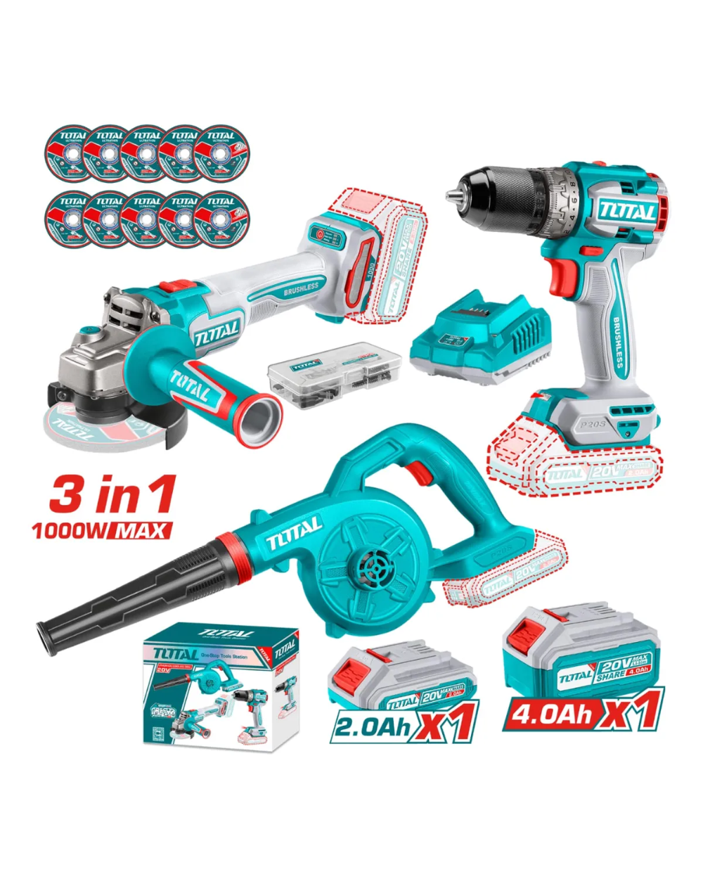 Combo Total 20v Pulidora + Taladro + Sopladora + 2 Bat +car