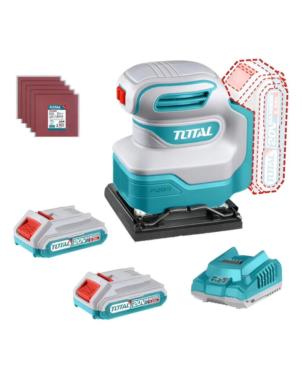 Lijadora Palma Inalámbrica 20V Total + 2 Baterías 2.0Ah + Cargador TSHSLI2014