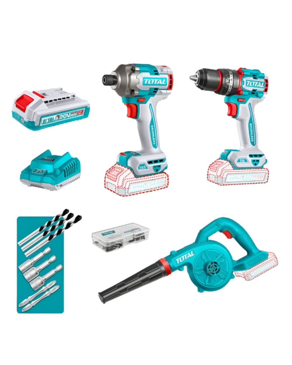 Combo Total 20v Atornillador + Taladro + Sopladora + 2 Bat