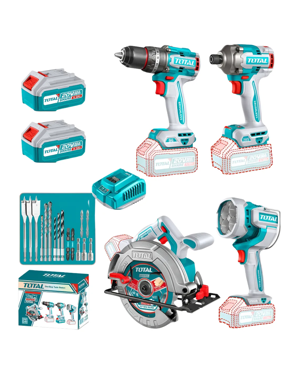 Combo Taladro Percutor 96Nm + Atornillador Impacto 1/2" 285Nm + Sierra Circular 7-1/4" + Lámpara 2000Lm Total + 2 Baterías 4.0Ah UTOSLI241297