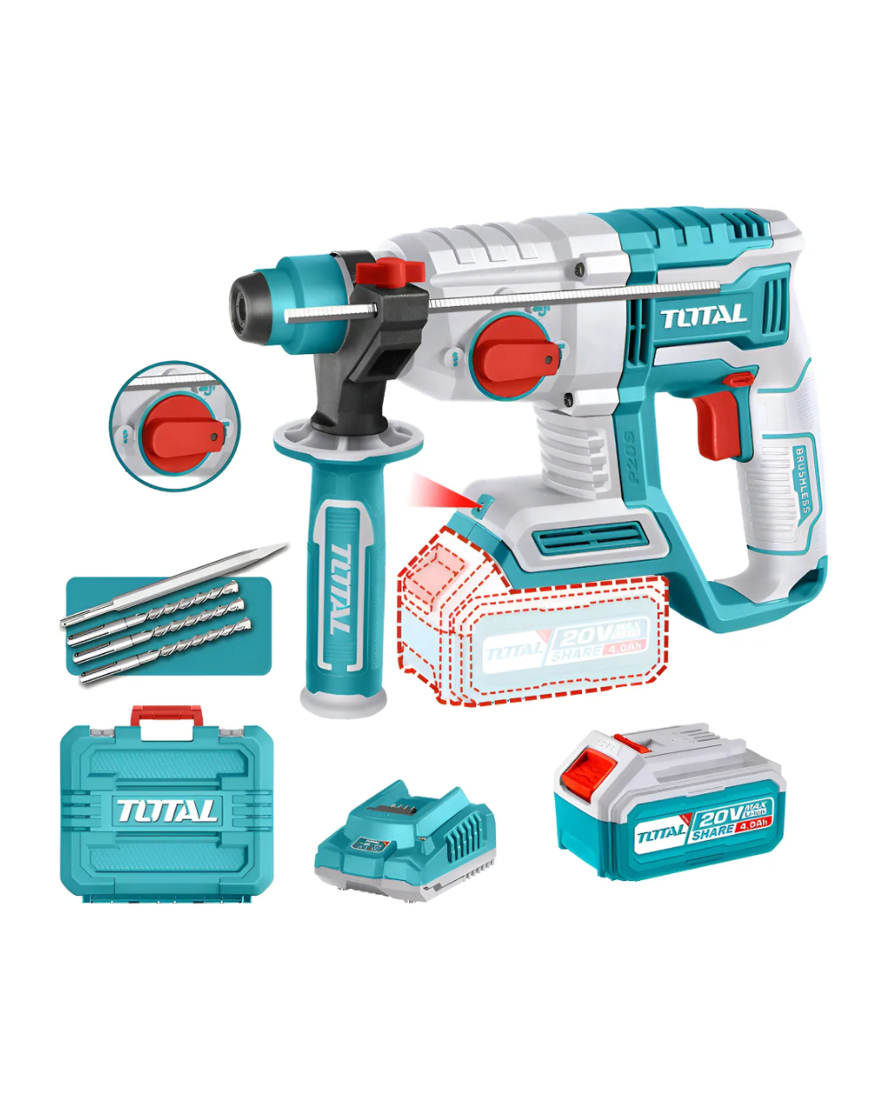 Taladro Rotomartillo Inalambrico 2j + 1 Bateria + Acc Industrial Total Turquesa 50 Hz/60 Hz