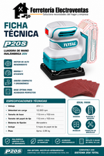 Lijadora Palma Inalámbrica 20V Total + 5 Lijas TSHSLI2014 No Incluye Batería ni Cargador