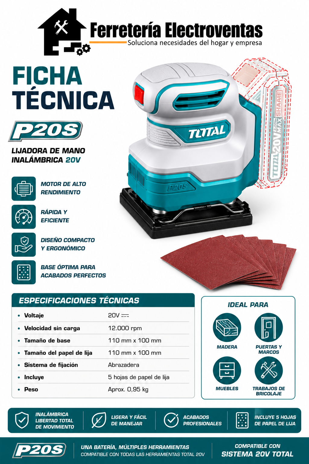 Lijadora Palma Inalámbrica 20V Total + 5 Lijas TSHSLI2014 No Incluye Batería ni Cargador