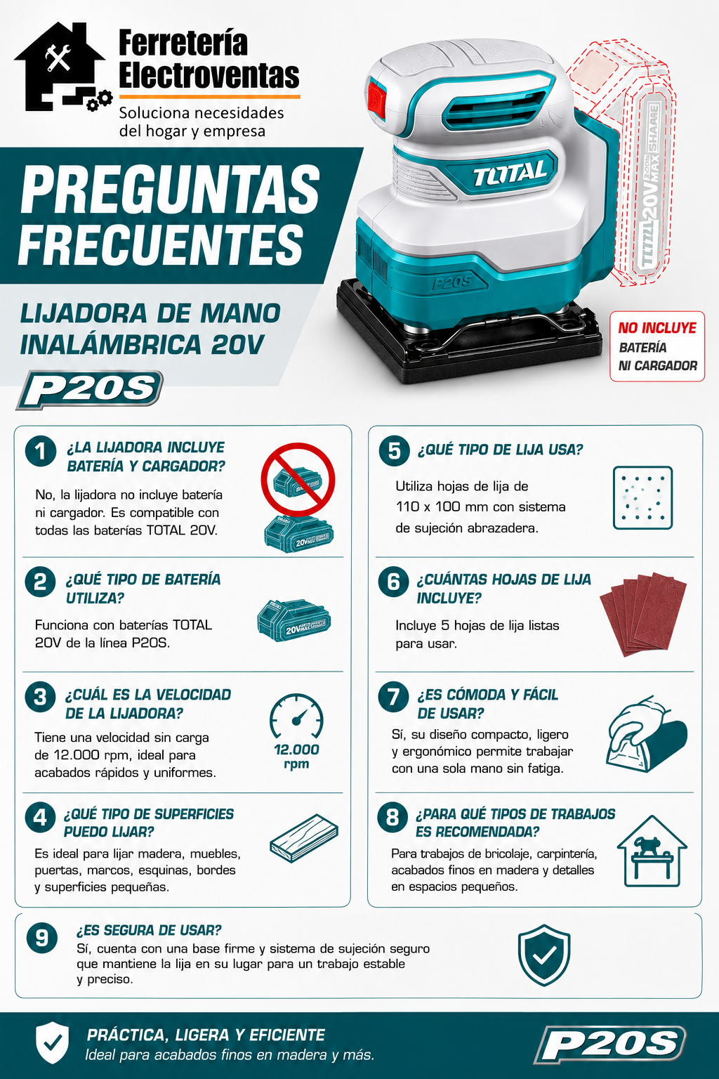 Lijadora Palma Inalámbrica 20V Total + 5 Lijas TSHSLI2014 No Incluye Batería ni Cargador