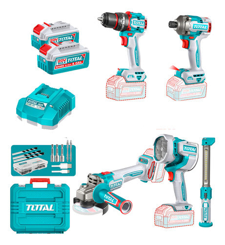 Combo Taladro Percutor 66Nm + Pistola Impacto 1/4" 285Nm + Pulidora 1000W + 2 Lámparas Total + 2 Baterías 4.0Ah UTOSLI250692