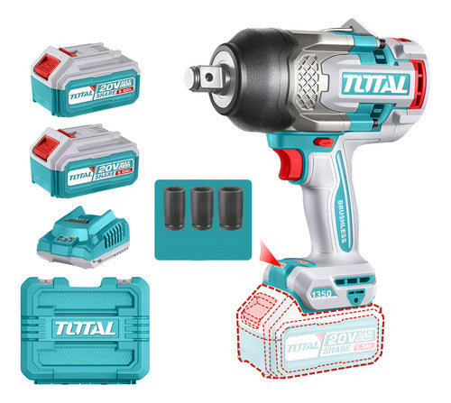 Pistola Llave Impacto 3/4 1350nm + 2 Bat 5ah+ Carg Idustrial Total Turquesa 50 Hz/60 Hz