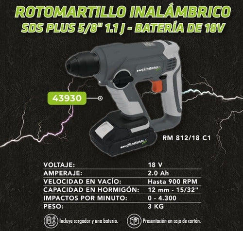 Rotomartillo Inalambrico Profesional Gladiator Rm 812/18 C1  Gris 50 Hz/60 Hz