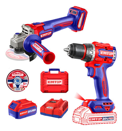 Combo Taladro Percutor 1/2" + Pulidora 4-1/2" Inalámbrica EMTOP
