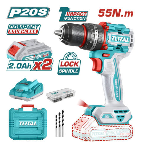 Taladro Percutor 1/2" 20V 55Nm Total + 2 Baterías + Accesorios UTIDLI20558