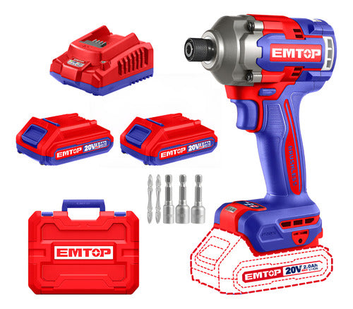Atornillador Impacto 1/4" 20V 285Nm EMTOP + 2 Baterías 2.0Ah ULCIRL2028