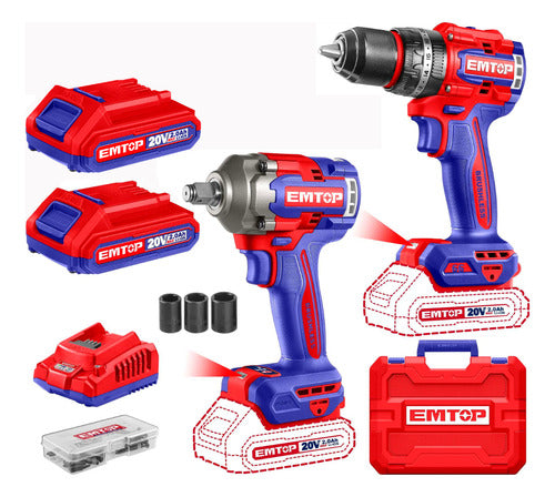 Combo Taladro Percutor 66Nm + Pistola Impacto 400Nm EMTOP + 2 Baterías 2.0Ah ULCKL20275