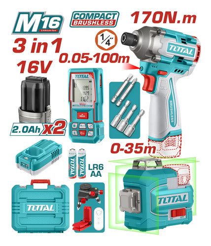 Combo Atornillador Impacto 1/4" 16V 170nm + Láser Total 100m + Nivel Laser 35m UTOSLI250886