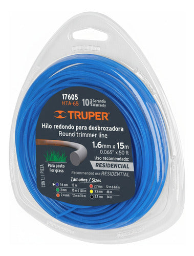 Hilo O Nylon Para Guadañadora 15 M Diámetro 1.6mm, Truper - Azul