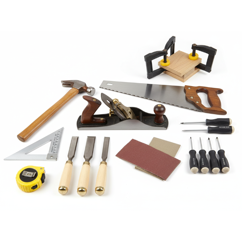 Dame una imagen que represente esta nueva coleccion que se llama Para el Carpintero, aqui pondremos todas las herramientas y accesorios para los carpintero, la imagen debe ser con fondo blanco, sin textos y logos. 