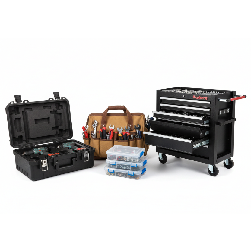 dame una imagen que represente la coleccion: Bolsos y organizadores, aqui vamos a poner Bolsos y Maletines para Herramientas

🧰 Organización y Transporte de Herramientas

🎒 Bolsos, Cajas y Organizadores, la imagen debe ser en fondo blanco, sin marcas ni logos, ni textos 