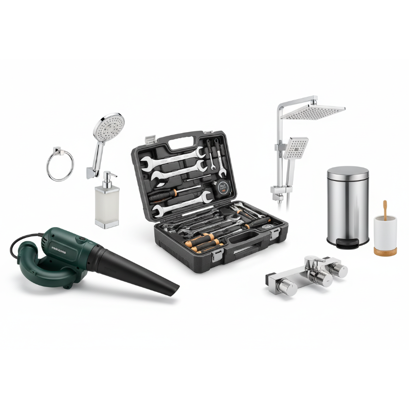 dame una imagen que represente la coleccion para el hogar, esta coleccion tiene kits caseros, duchas electricas, accesorios para baño, sopladoras, duchas electricas, la imagen debe ser en fondo blanco, sin marcas ni textos. 