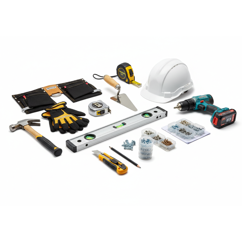 dame una imagen que represente  una nueva coleccion que se llama 👷 Para el Maestro de Obra, aqui vamos a poner herreminetas y accesorios para los maesteros de obra. La imagen debe ser en fondo blanco, sin letras ni logos 