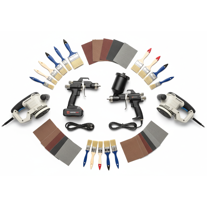 Dame una imagen que reprsente la coleccion Para Pintores, aqui tenemos pistolas para pintar, electricas e inalabricas, brochas, lijas, lijadoras, la imagen debe ser con fondo blanco, sin marcas, ni textos. 