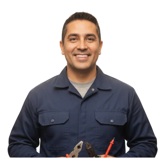 Realistic photo of a professional electrician in a hardware store, wearing a dark blue work uniform, holding basic electrical tools like pliers and a tester. Adult Latin American man, friendly expression, neutral background with shelves of tools slightly blurred. No logos, no brand names, no text, natural lighting, professional photography style. LA foto debe ser en fondo blanco y las herramientas deben ser de la marca total 
